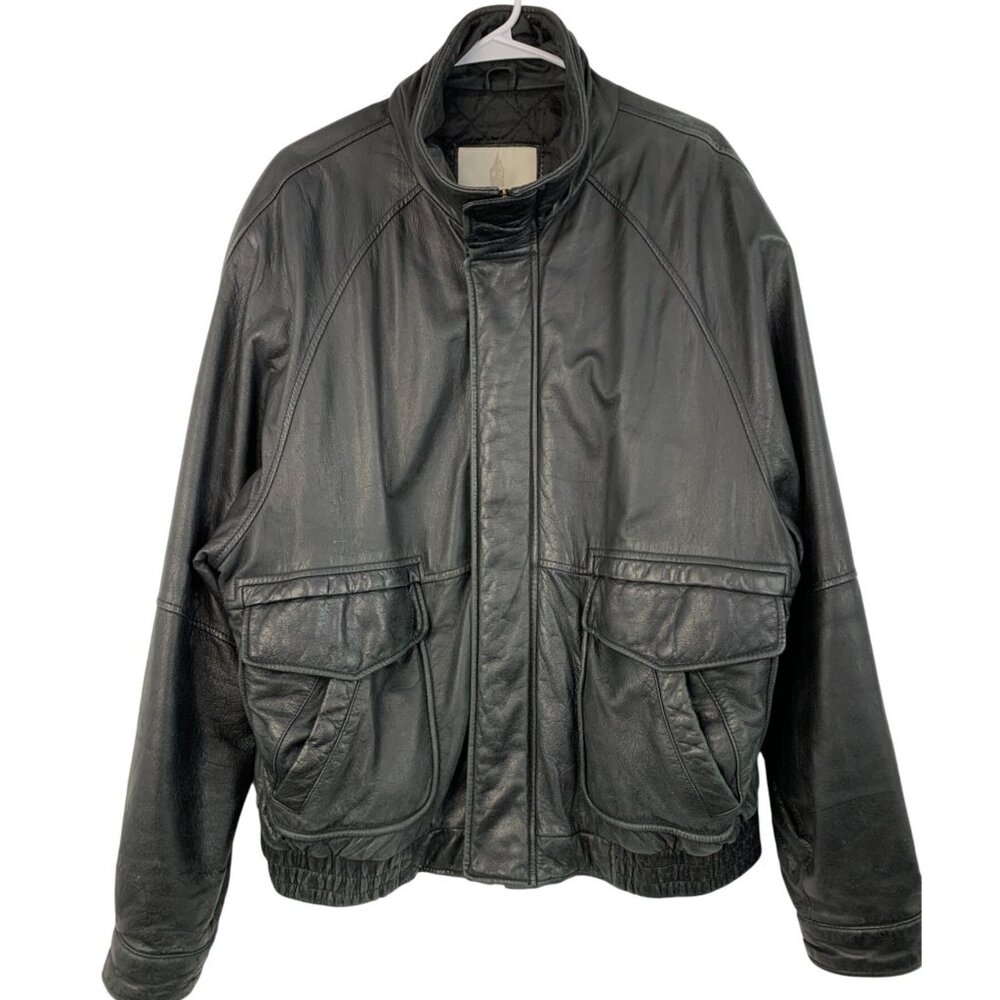 London Fog XL Black Leather Bomber Jacket Quilted Lining Multiple Pockets 8756
